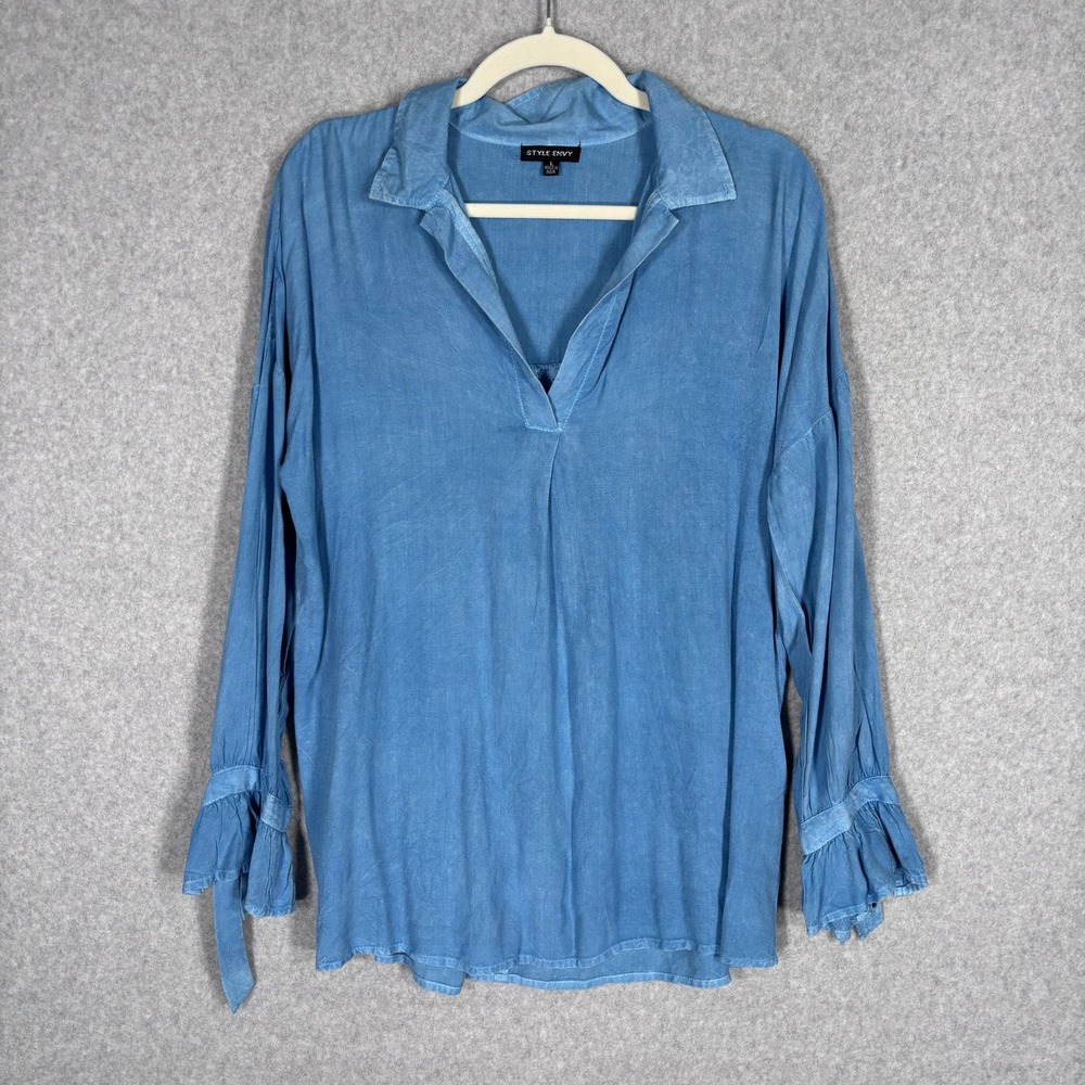 Chambray Popover Tunic Blouse Large Blue Tie Ruffle Cuff Rayon Peasant Boho